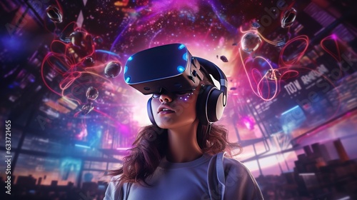 3D Virtual Reality Gaming Futuristic, Teenager Enjoying the VR Technology 