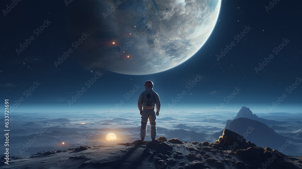 An Astronaut Stands On The Surface Of The Moon Looking on Earth