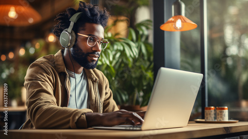 Happy young african american man in glasses wearing headphones sitting with laptop and learning.