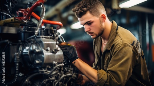 Apprentice mechanic learning on the job setting. Generative AI