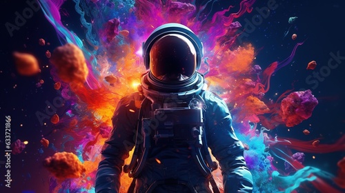 Astronaut In Space On A New Planet Background With Multicolored Splash Background