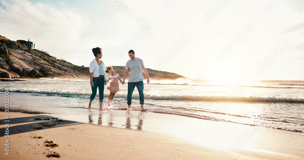 Walking, bonding and family on the beach for vacation, adventure or holiday together at sunset. Travel, having fun and girl child with her mother and father on the sand by the ocean on weekend trip.