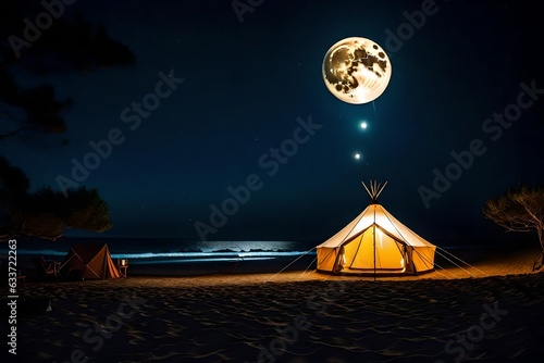 Glamping classic tent at night beach 