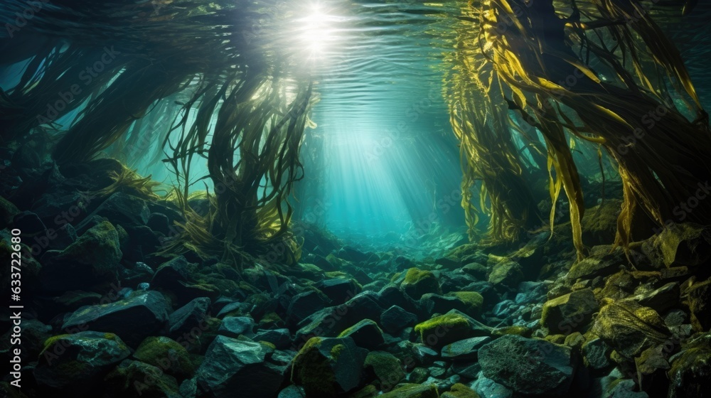 Obraz premium Seaweed and natural sunlight underwater seascape in the ocean. landscape with seaweeds. Marine sea bottom. AI photography.