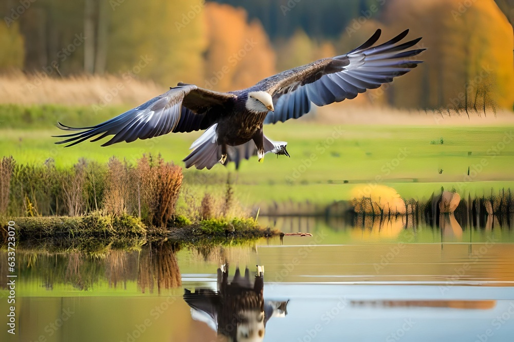 Photo juvenile sea eagle hunting in flight on a meadow in autumn nature Photo juvenile sea eagle hunting in flight on a meadow in autumn nature