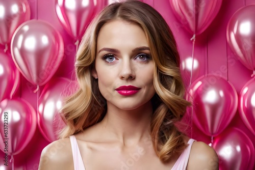 Portrait of attractive young girl in pink dress against background of pink helium party balloons. Birthday party in style Barbie pink. © Fatima