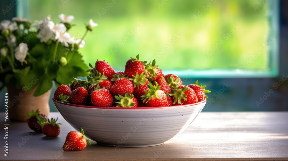 Strawberry garden and strawberries in a ceramic bowl on a small wooden table Strawberry garden and strawberries in a ceramic bowl on a small wooden table