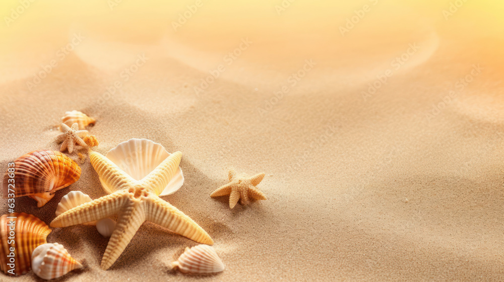 Starfish and shells in the sand background Starfish and shells in the sand background
