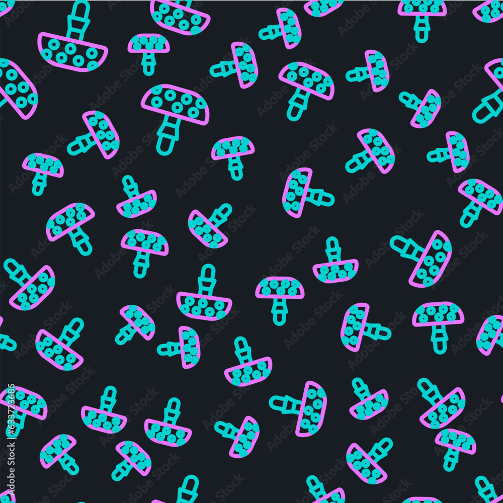 Line Amanita muscaria or fly agaric hallucinogenic toadstool mushroom icon isolated seamless pattern on black background. Spotted poisonous mushroom. Vector Line Amanita muscaria or fly agaric hallucinogenic toadstool mushroom icon isolated seamless pattern on black background. Spotted poisonous mushroom. Vector