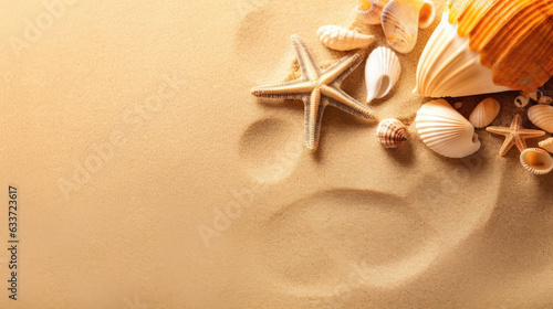 Starfish and shells in the sand background