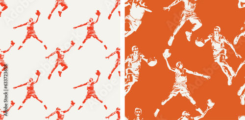 Basketball Sport and Basketball Player Orange and White Seamless Pattern Vector Illustration Set Of 2 