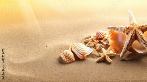 Starfish and shells in the sand background © tashechka