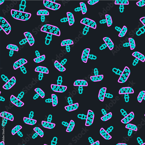 Line Amanita muscaria or fly agaric hallucinogenic toadstool mushroom icon isolated seamless pattern on black background. Spotted poisonous mushroom. Vector