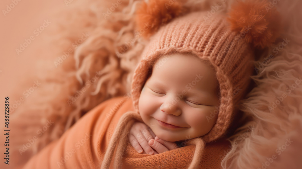 Sleeping newborn smile baby on soft orange pastel background. Sleeping newborn smile baby on soft orange pastel background.