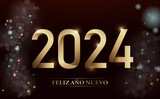 tarjeta o pancarta para desear un feliz año nuevo 2024 en oro sobre un fondo negro y en cada lado estrellas y círculos de varios colores en efecto bokeh