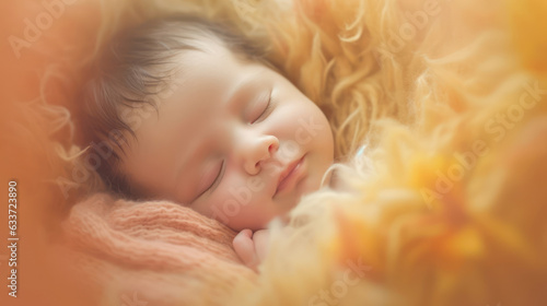 Sleeping newborn smile baby on soft orange pastel background.