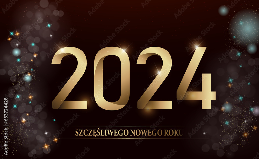 kartka lub baner, aby życzyć szczęśliwego nowego roku 2024 w złocie na czarnym tle, a po każdej stronie gwiazdy i koła w kilku kolorach z efektem bokeh - obrazy, fototapety, plakaty 