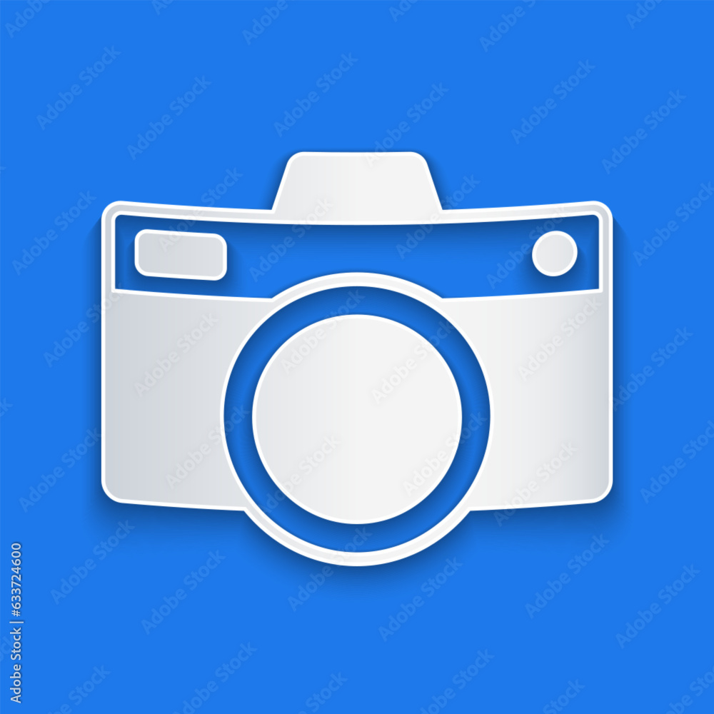 Paper cut Photo camera icon isolated on blue background. Foto camera icon. Paper art style. Vector Paper cut Photo camera icon isolated on blue background. Foto camera icon. Paper art style. Vector