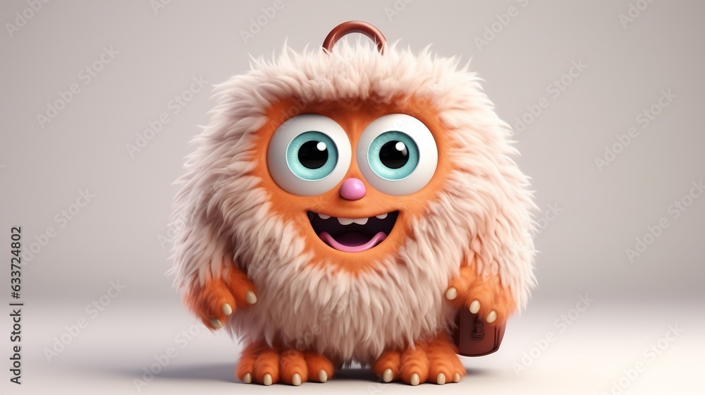 Furry monster with two large eyes and a big nose on white background cute on the first day of school generative ai