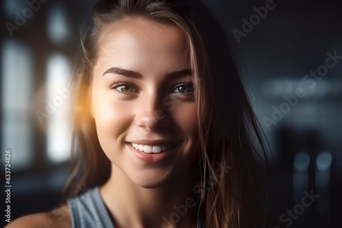 Close up portrait of sporty smiling female in gym