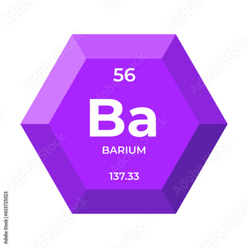 Barium is chemical element number 56 of the Post Transition Metal group. Icon of chemical element of periodic table in 3d hexagon. Chemistry for children, elementary education.