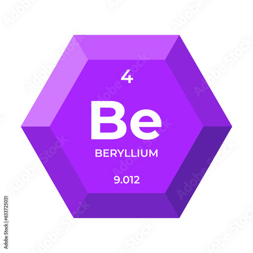 Beryllium is chemical element number 4 of the Post Transition Metal group. Icon of chemical element of periodic table in 3d hexagon. Chemistry for children, elementary education.