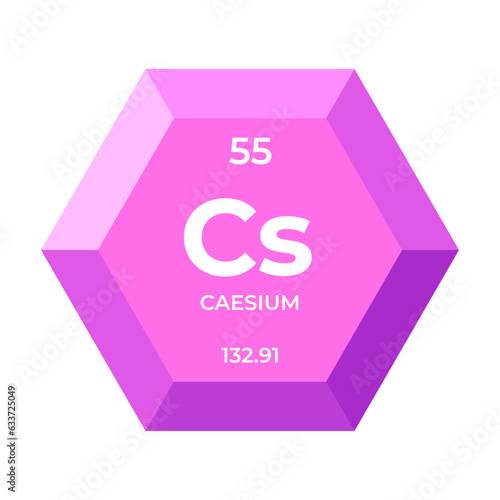 Caesium is chemical element number 55 of the Alkali metal group. Icon of chemical element of periodic table in 3d hexagon. Chemistry for children, elementary education.