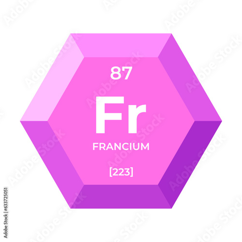 Francium is chemical element number 87 of the Alkali metal group. Icon of chemical element of periodic table in 3d hexagon. Chemistry for children, elementary education.