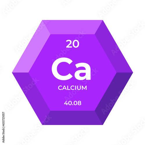 Calcium is chemical element number 20 of the Post Transition Metal group. Icon of chemical element of periodic table in 3d hexagon. Chemistry for children, elementary education.