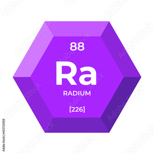 Radium is chemical element number 88 of the Post Transition Metal group. Icon of chemical element of periodic table in 3d hexagon. Chemistry for children, elementary education.