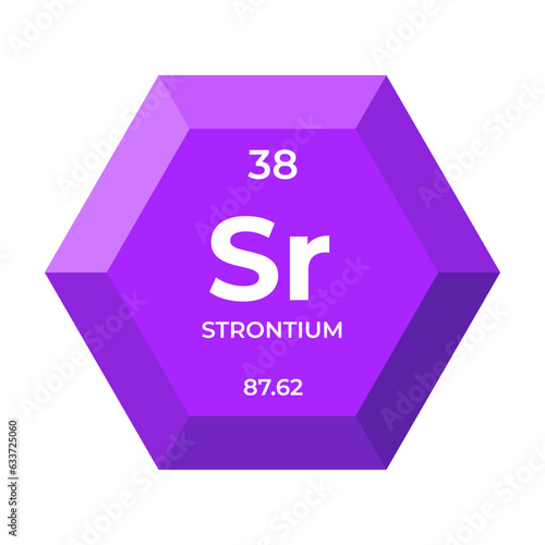 Strontium is chemical element number 38 of the Post Transition Metal group. Icon of chemical element of periodic table in 3d hexagon. Chemistry for children, elementary education.