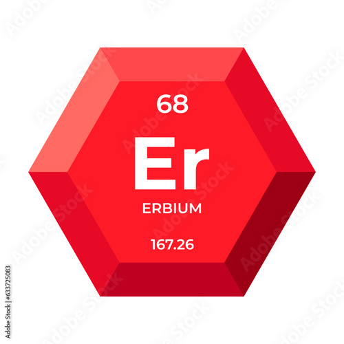 Erbium is chemical element number 68 of the Lanthanide group. Icon of chemical element of periodic table in 3d hexagon. Chemistry for children, elementary education.