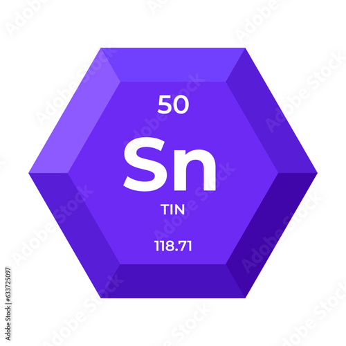 Tin is chemical element number 50 of the Post Transition Metal group. Icon of chemical element of periodic table in 3d hexagon. Chemistry for children, elementary education.