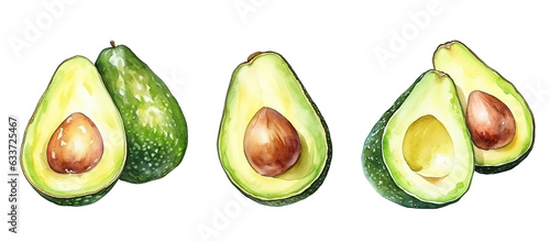 Set of watercolor avocado isolated on white