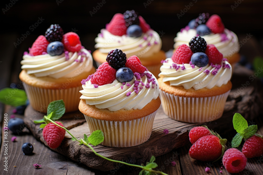 Cupcakes with buttercream , decorated with berries