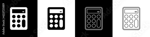 Set Calculator icon isolated on black and white background. Accounting symbol. Business calculations mathematics education and finance. Vector