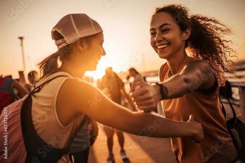 Young friends greet each other while jogging at sunset