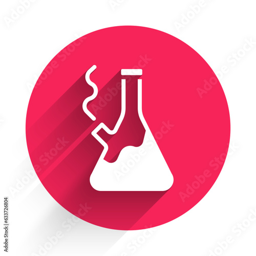 White Glass bong for smoking marijuana or cannabis icon isolated with long shadow background. Red circle button. Vector