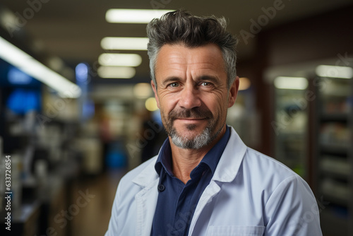 A male pharmacist works in a pharmacy. Generative Ai 