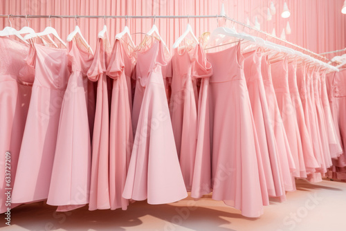 Pink dresses are hanging on a hanger in the store © Julia Jones