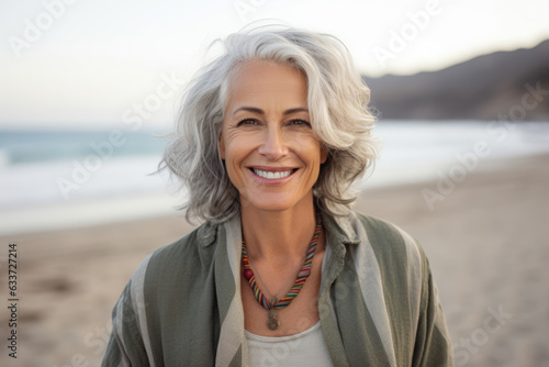 An aged woman with gray hair walks on the beach