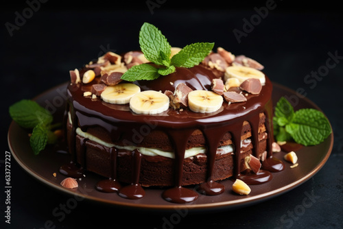 Chocolate cake with banana and chocolate icing