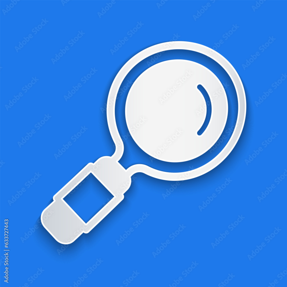 Paper cut Magnifying glass icon isolated on blue background. Search, focus, zoom, business symbol. Paper art style. Vector Paper cut Magnifying glass icon isolated on blue background. Search, focus, zoom, business symbol. Paper art style. Vector