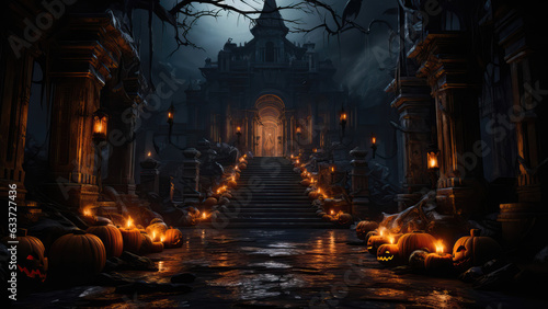 halloween scene horror background with creepy pumpkins of spooky Halloween haunted mansion Evil houseat night with full moon, Generative AI.