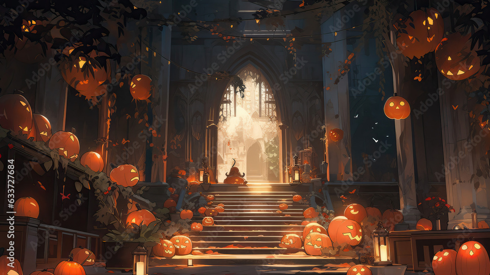 halloween scene horror background with creepy pumpkins of spooky Halloween haunted mansion Evil houseat night with full moon, Generative AI. halloween scene horror background with creepy pumpkins of spooky Halloween haunted mansion Evil houseat night with full moon, Generative AI.