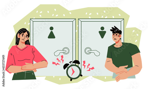 Queue to toilet with people wait at Wc door. Man and woman feel full bladder or stomach seething, have urge to visit lavatory room, flat cartoon vector illustration isolated on white background.