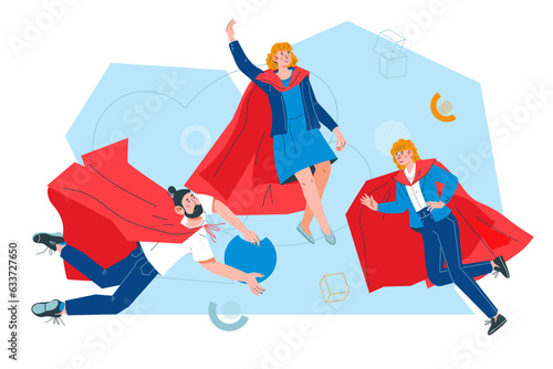 Ready for action team of high professionals and superheroes, flat vector illustration isolated on white background. Business concept of high skill and efficiency, super power and superhero team.