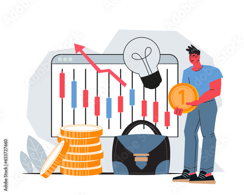 Stock market and investments, business analysis and strategy banner design with broker or trader character, flat vector illustration isolated on white background. Trading and business analytics.
