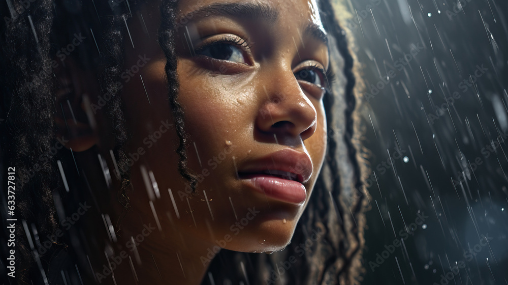 Young African American Teen Girl Crying in the Rain. Close Up Portrait ...