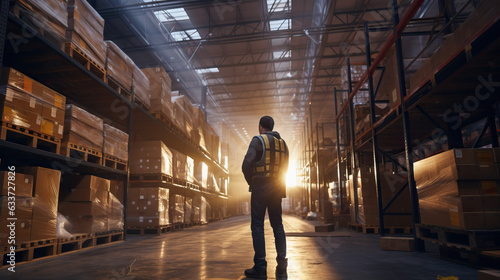 Man Doing Logistics in Huge Warehouse Full of Boxes. 